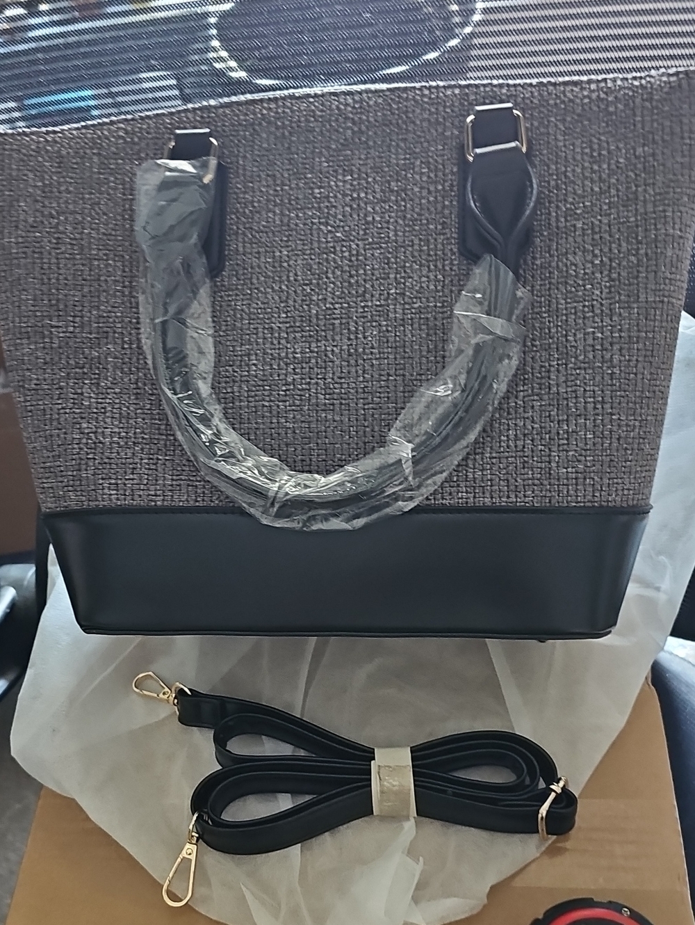 Classic Two-Tone Gray and Black Tote Bag with Removable Strap